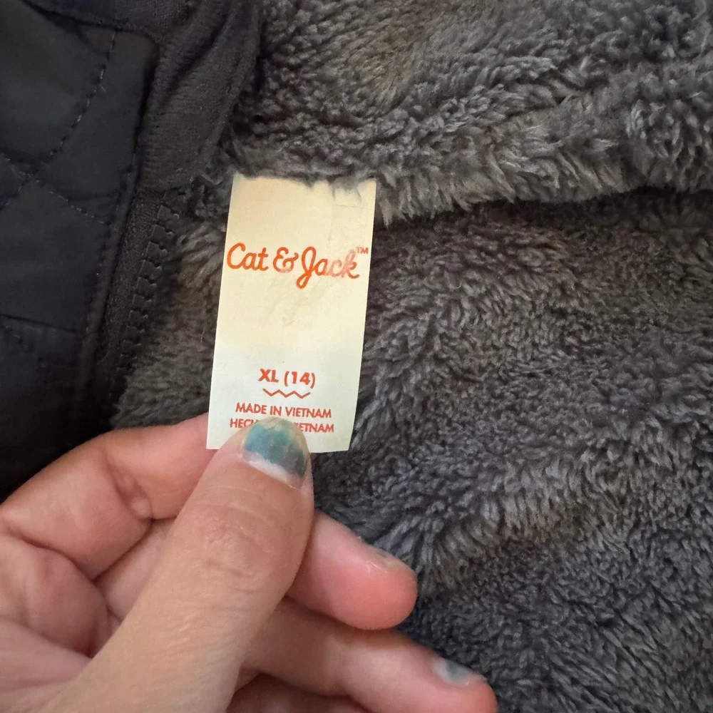 Cat & Jack Boys XL 14 Quilted Puffer Jacket Navy Blue Faux Fur Lined Hooded Coat